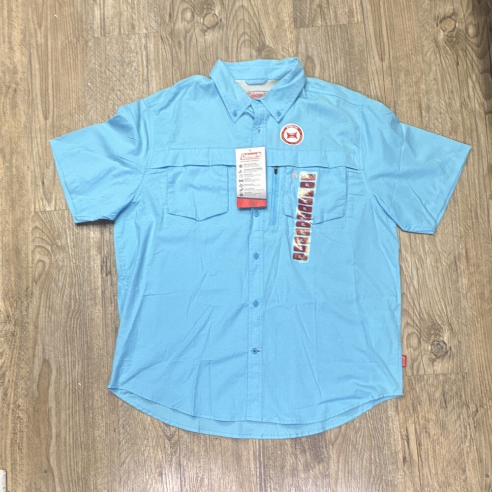 Columbia Men's Blue L Button-Front Fishing Shirt Nylon Pockets Button-Down